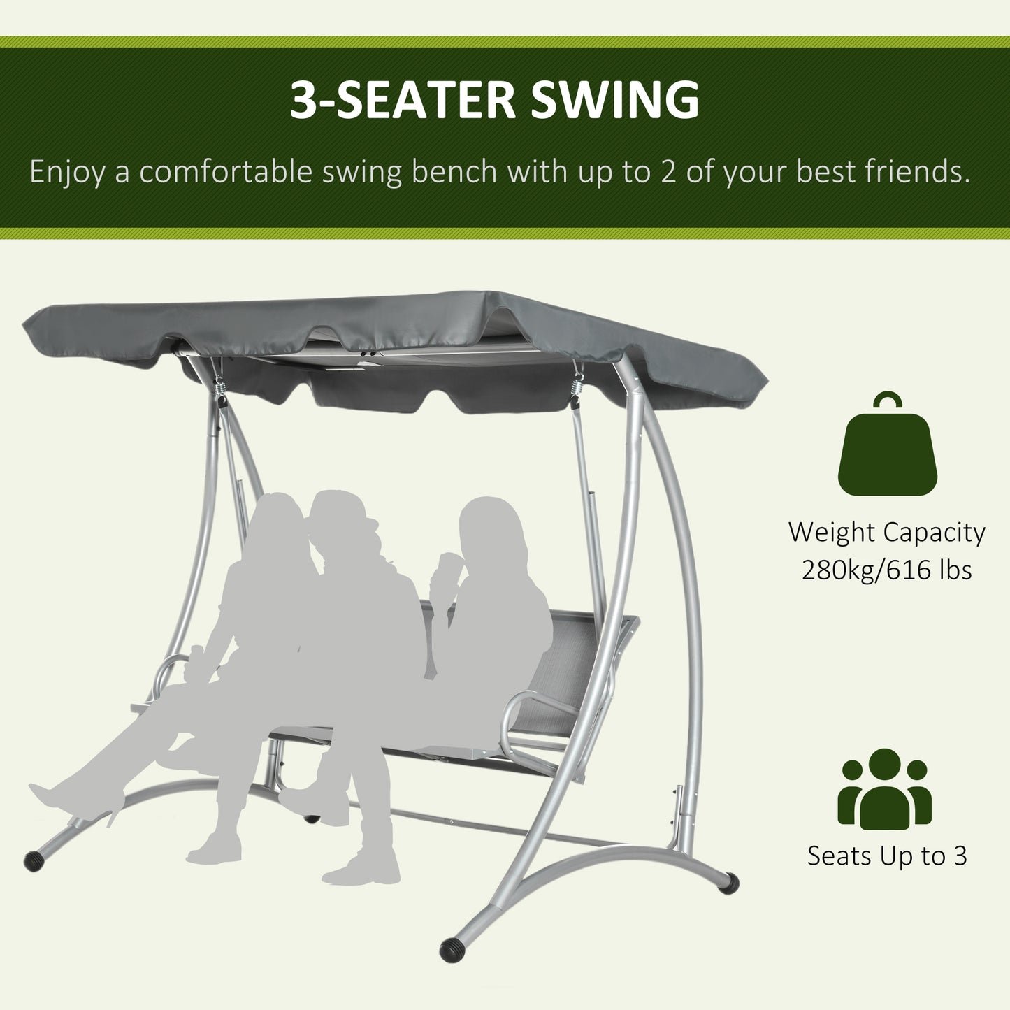 3 Person Patio Swing Seats with Adjustable Canopy Outdoor Swing Chair Bench for Garden, Poolside, Dark Grey Kids Crystal