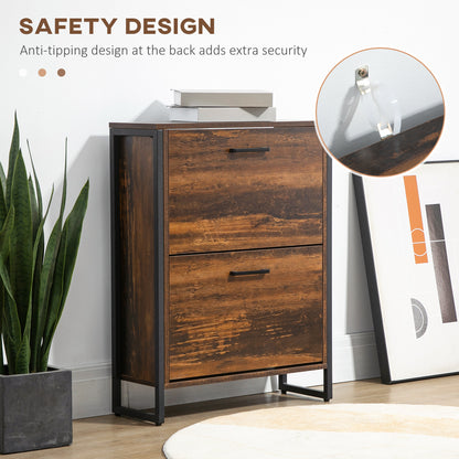 Space-Saving Slim Shoe Cabinet with 2 Flip Doors and 2-Drawer for 12 Pairs, Brown Finish