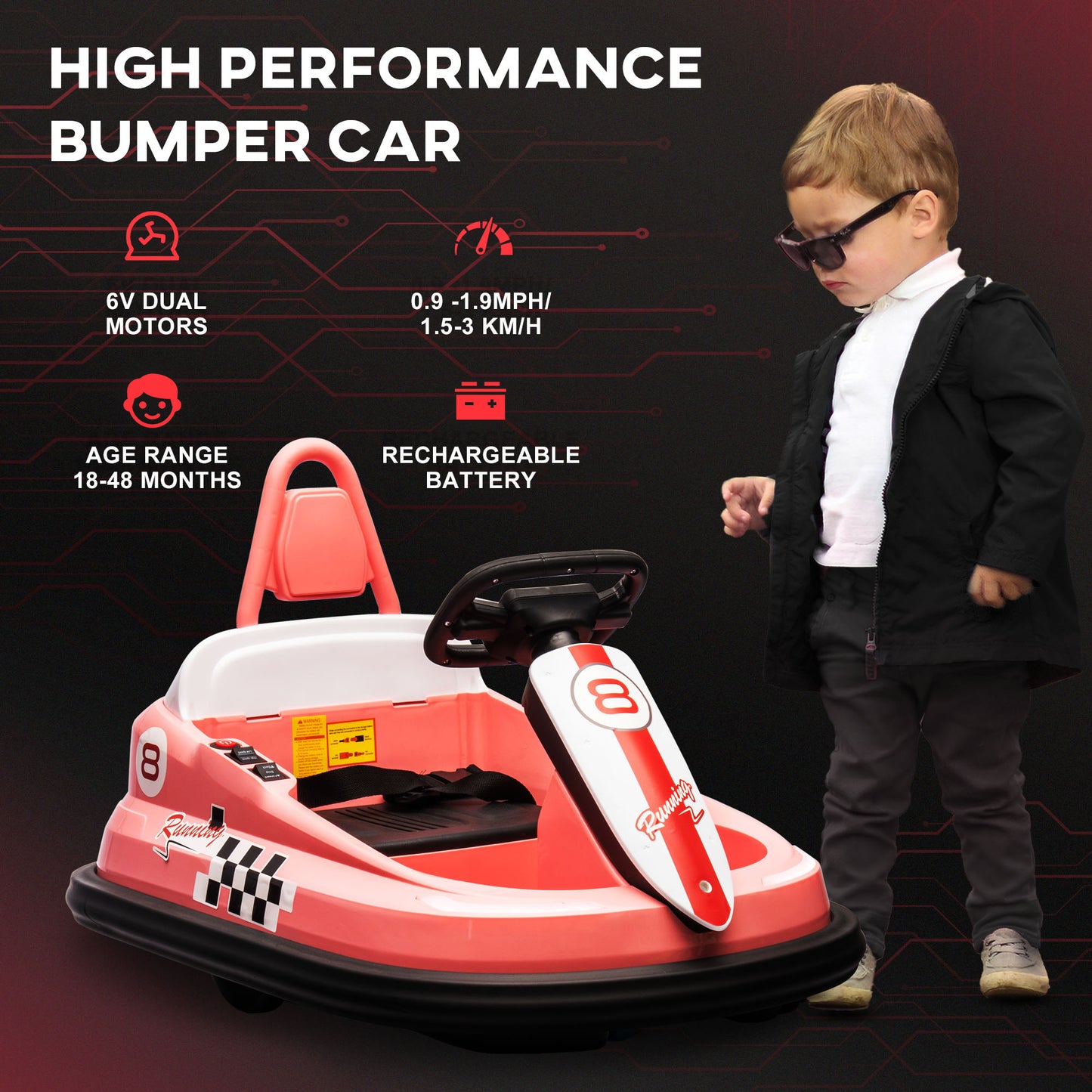 Kids Bumper Car, 6V 360° Rotation Electric Ride on Car, Twin Motors Battery Powered Toy, Horn and Lights, Safety Belt - Pink Kids Crystal