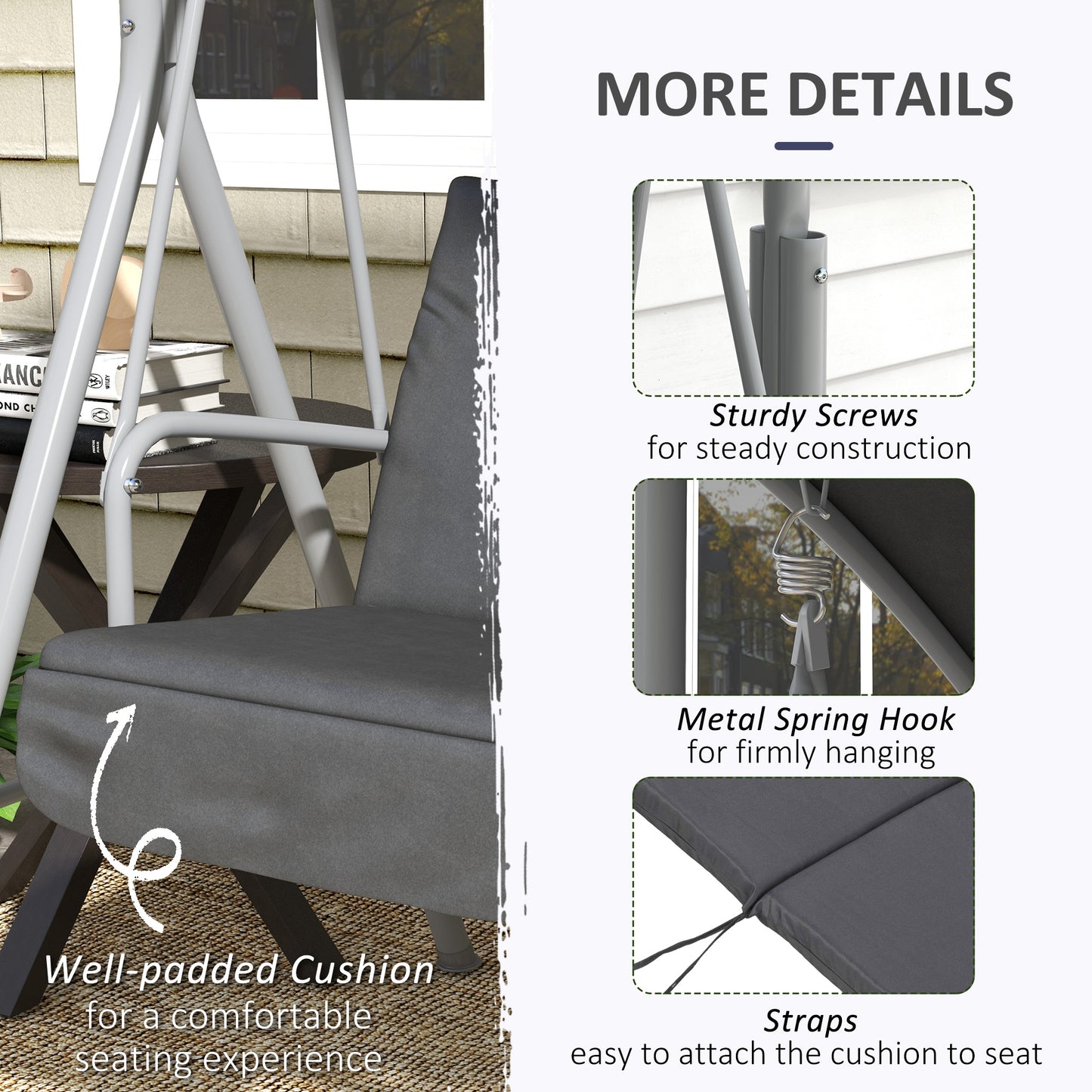 2-Seater Outdoor Porch Swing with Adjustable Canopy and Table, Patio Swing Chair for Garden, Poolside, Backyard, Grey Kids Crystal