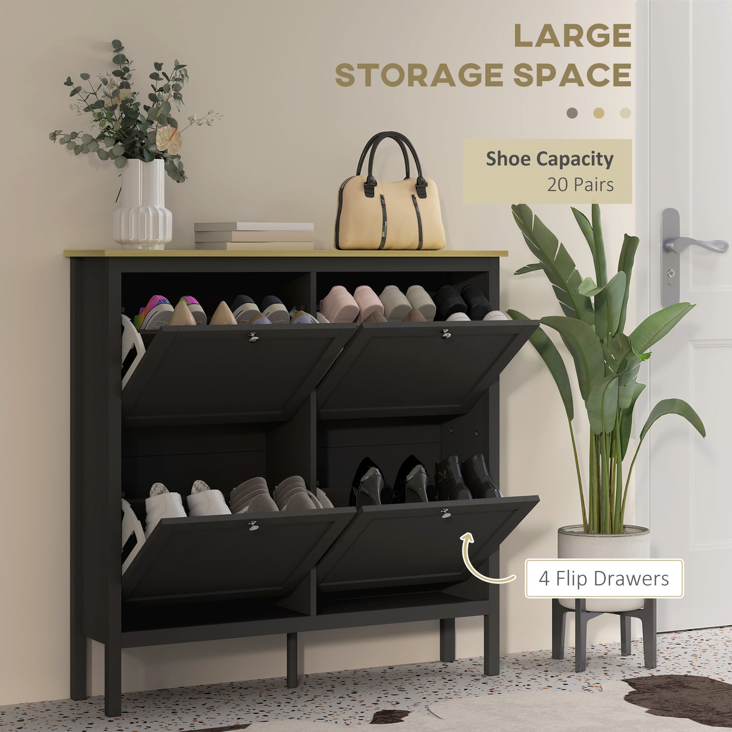 Entryway Shoe Storage Cabinet with 4 Flip Drawers, Adjustable Shelves, Narrow Shoe Cabinet for 20 Pairs of Shoes, Black Kids Crystal