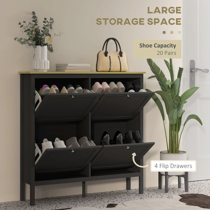 Entryway Shoe Storage Cabinet with 4 Flip Drawers, Adjustable Shelves, Narrow Shoe Cabinet for 20 Pairs of Shoes, Black