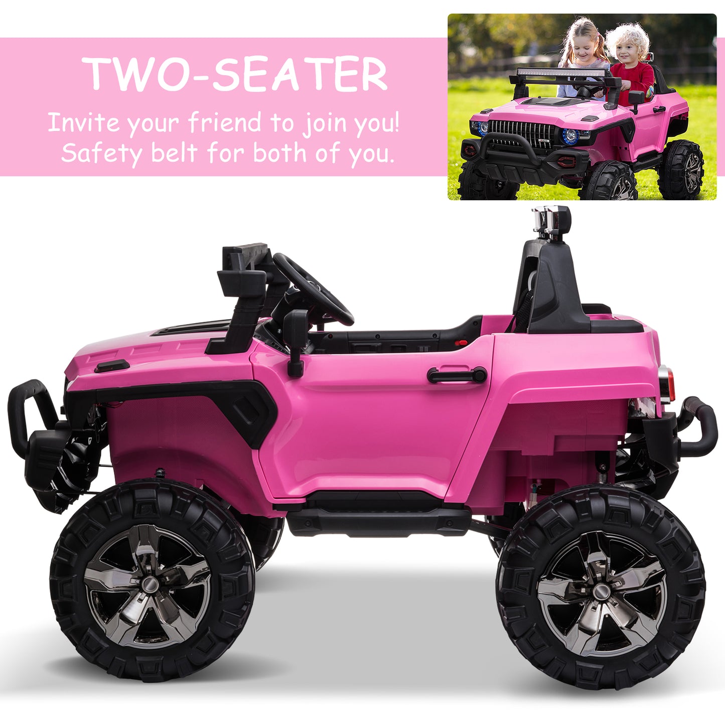 Kids 12V RC 2-Seater Police Truck Ride-On Car LED Lights MP3 Parental Remote Control Pink Kids Crystal