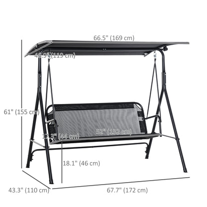 2 Person Porch Swing Chair 2 Seater Patio Swing Bench with Adjustable Canopy Breathable Seat for Garden Poolside Black