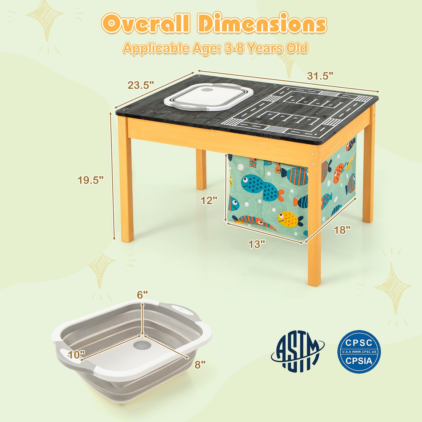 3-in-1 Kids Sand Water Activity Table with Foldable Storage Bin Kids Crystal