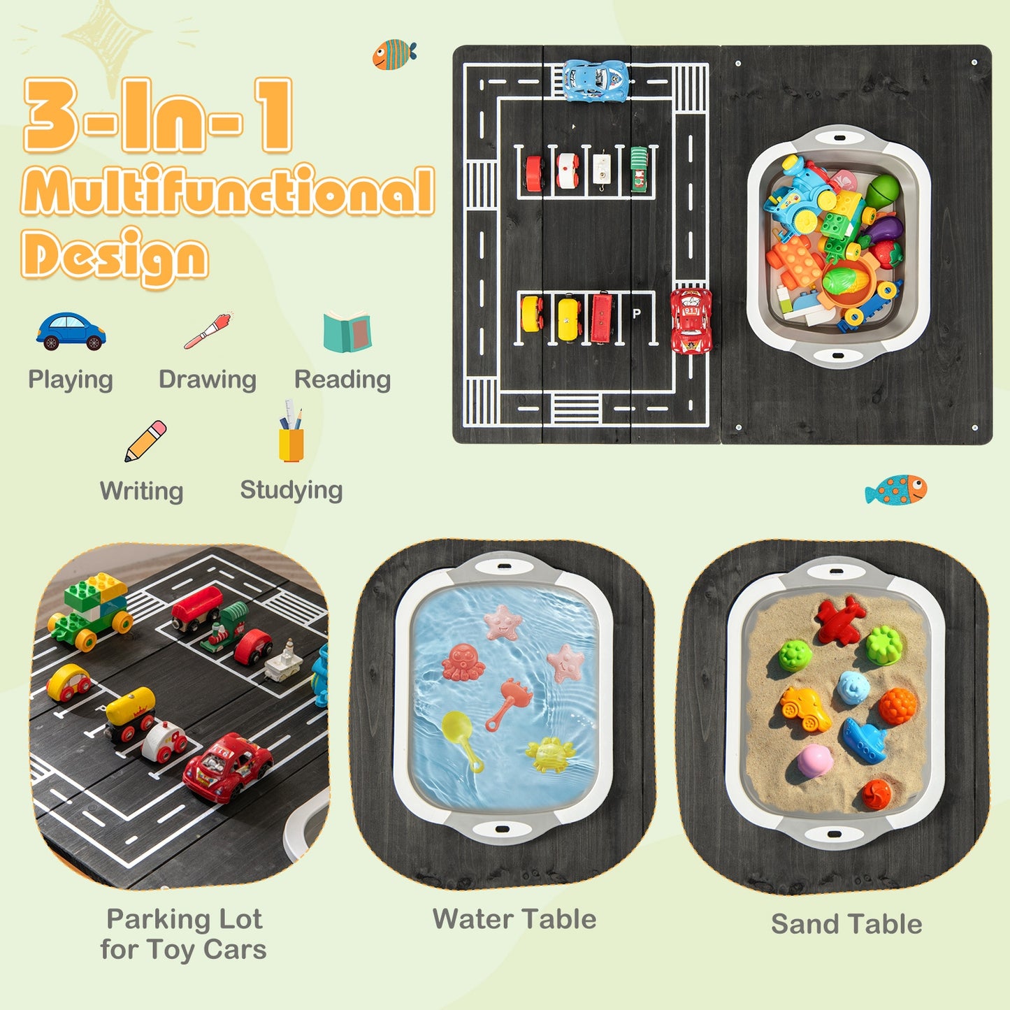 3-in-1 Kids Sand Water Activity Table with Foldable Storage Bin Kids Crystal