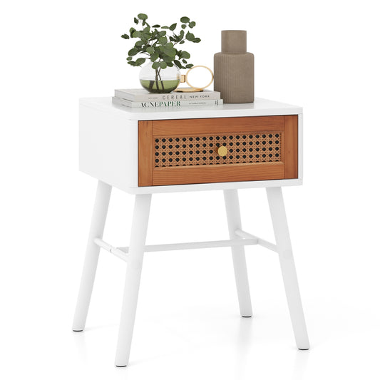 Rattan Nightstand Mid Century Modern Accent Table with Drawer-White Kids Crystal