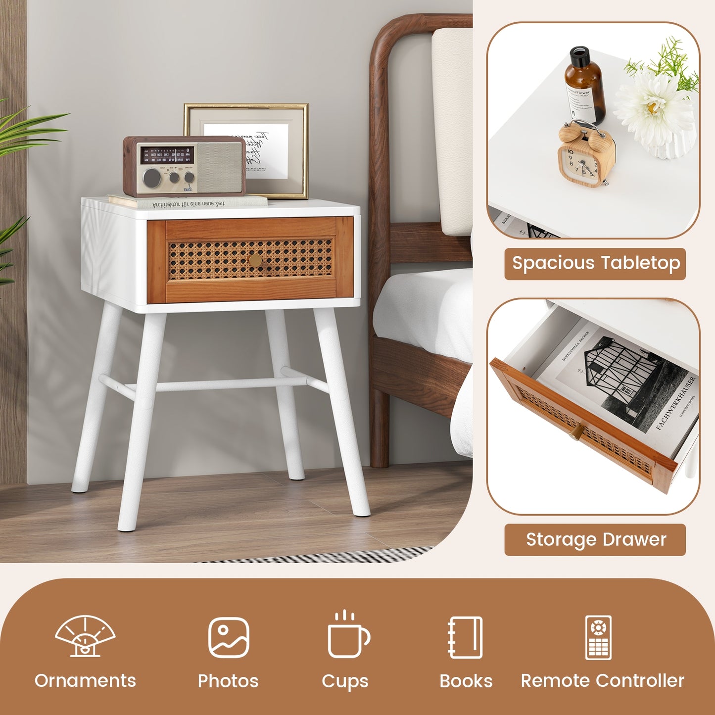 Rattan Nightstand Mid Century Modern Accent Table with Drawer-White Kids Crystal