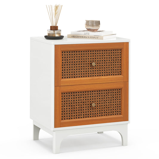 Boho Accent Table Nightstand with 2 Handwoven Rattan Decorated Drawers-White Kids Crystal