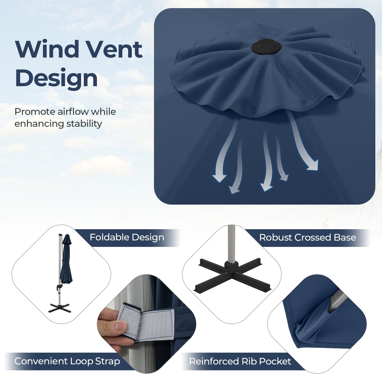 11 FT Outdoor Patio Umbrella with 360° Rotation and Adjustable Tilt-Navy Kids Crystal