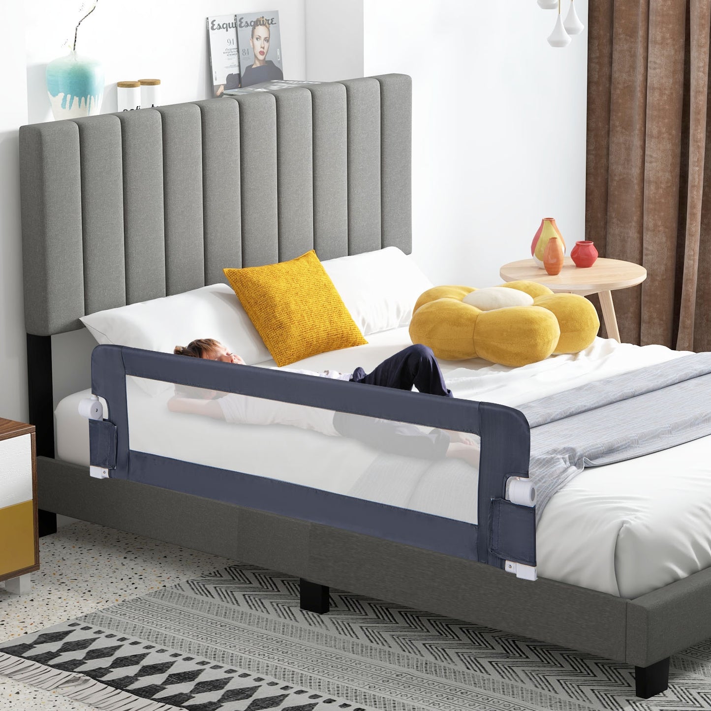 60-Inch Foldable Bed Rail Swing Down Baby Bed Guard Rail with Adjustable Safety Strap-Grey Kids Crystal