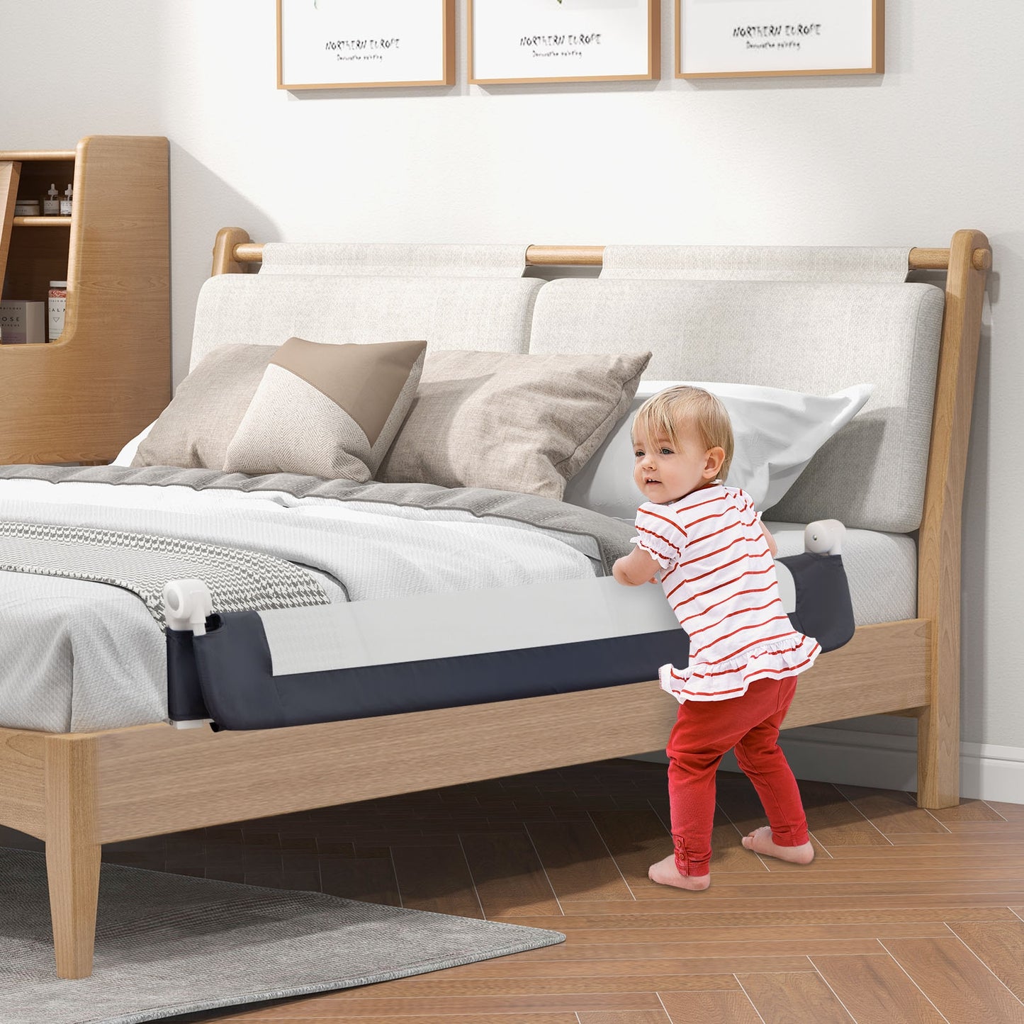60-Inch Foldable Bed Rail Swing Down Baby Bed Guard Rail with Adjustable Safety Strap-Grey Kids Crystal