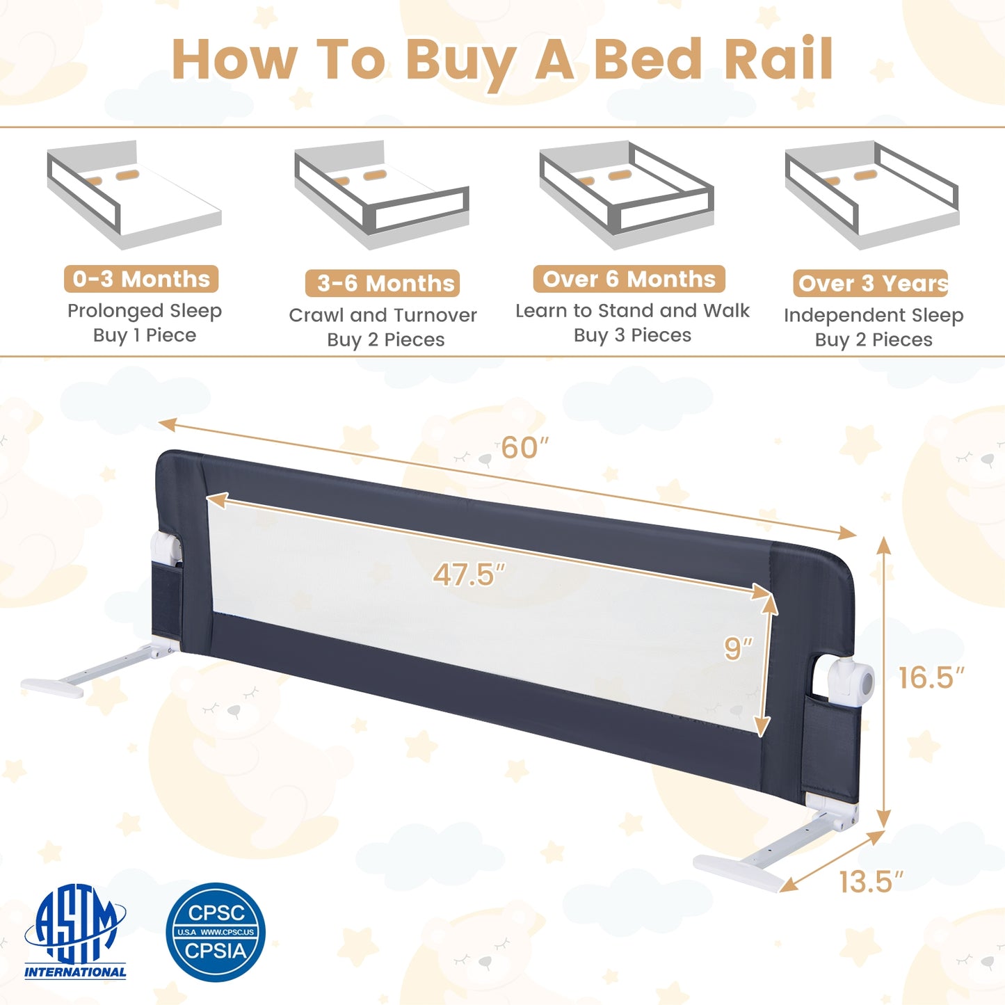60-Inch Foldable Bed Rail Swing Down Baby Bed Guard Rail with Adjustable Safety Strap-Grey Kids Crystal
