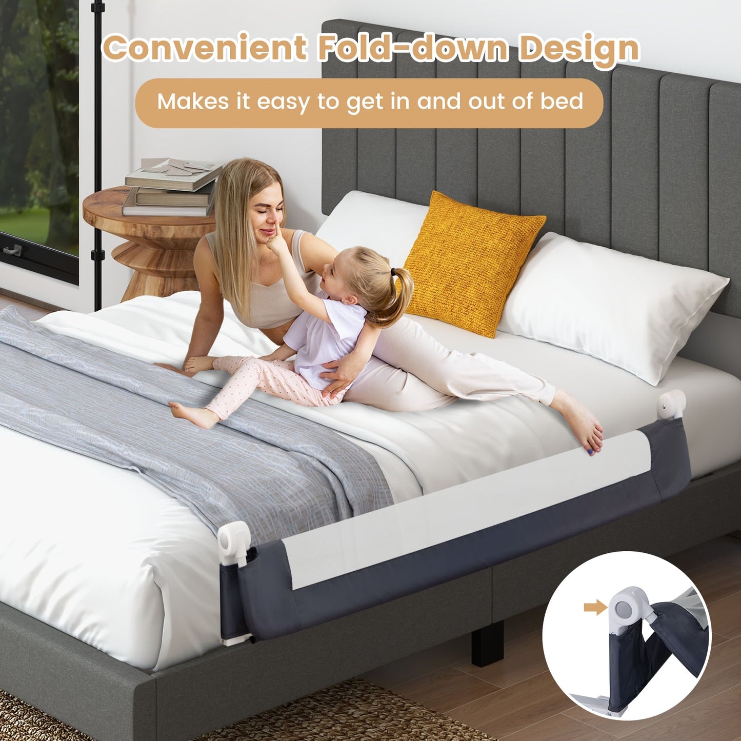 60-Inch Foldable Bed Rail Swing Down Baby Bed Guard Rail with Adjustable Safety Strap-Grey Kids Crystal
