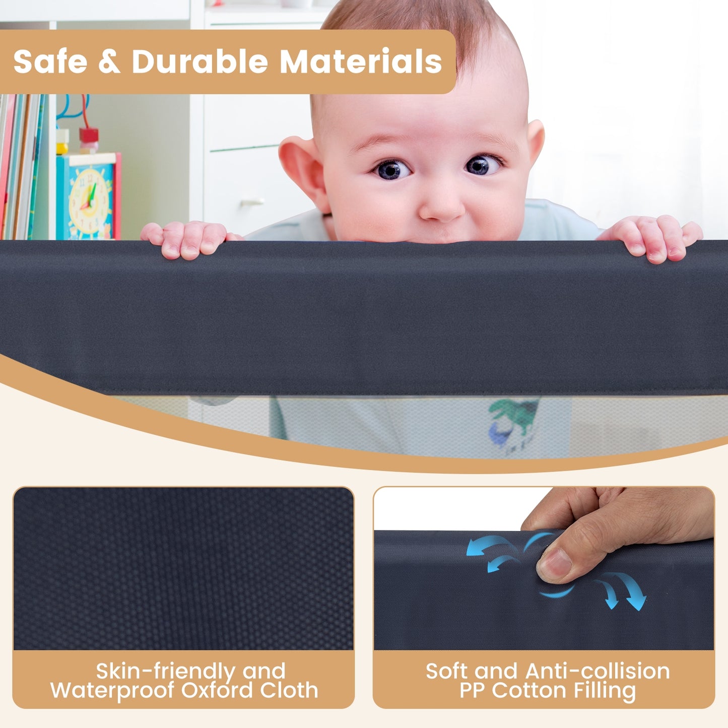 60-Inch Foldable Bed Rail Swing Down Baby Bed Guard Rail with Adjustable Safety Strap-Grey Kids Crystal