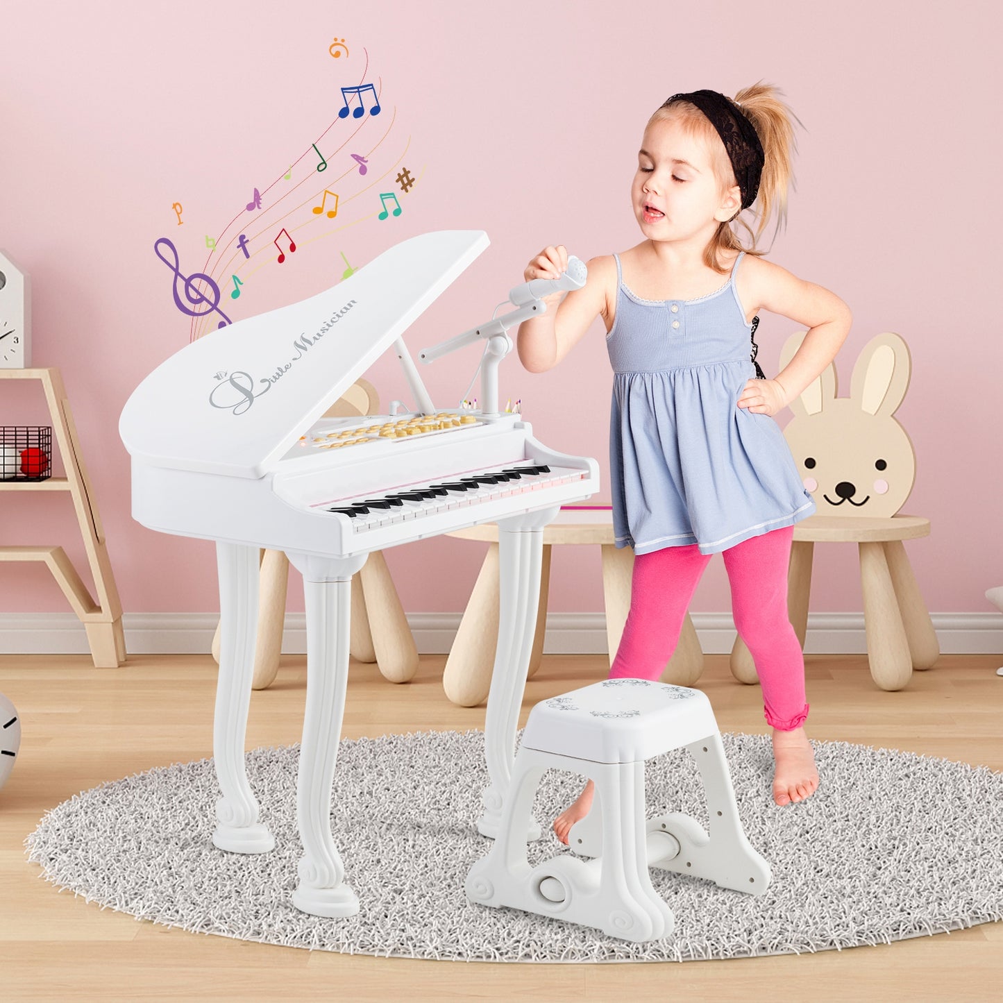 37 Keys Kids Piano Keyboard with Stool and Piano Lid-White Kids Crystal