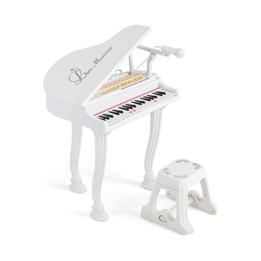 37 Keys Kids Piano Keyboard with Stool and Piano Lid-White Kids Crystal
