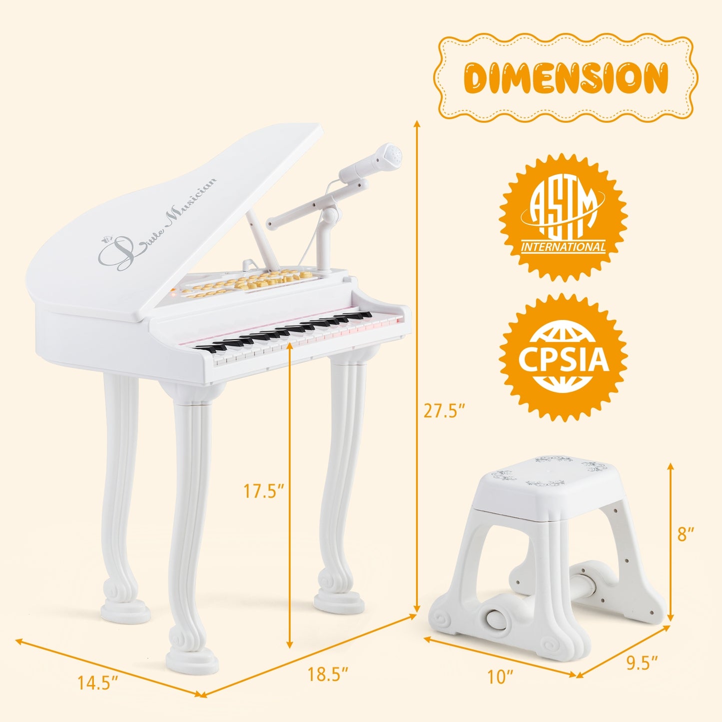 37 Keys Kids Piano Keyboard with Stool and Piano Lid-White Kids Crystal