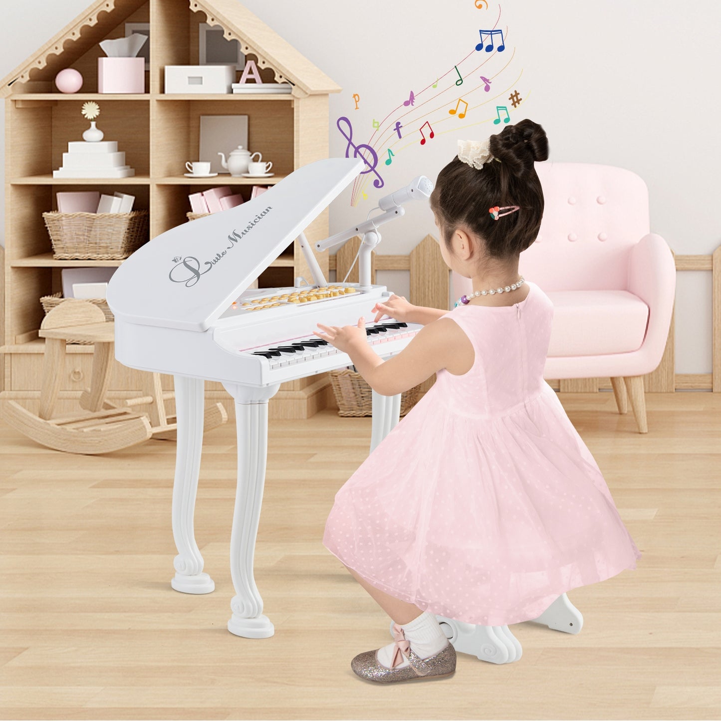 37 Keys Kids Piano Keyboard with Stool and Piano Lid-White Kids Crystal