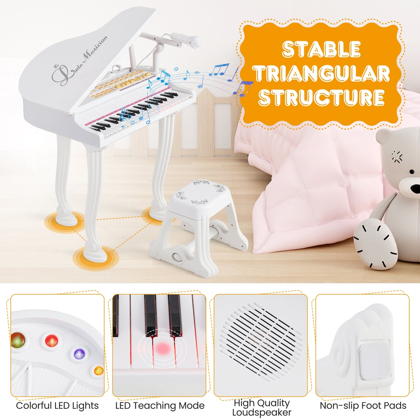 37 Keys Kids Piano Keyboard with Stool and Piano Lid-White Kids Crystal