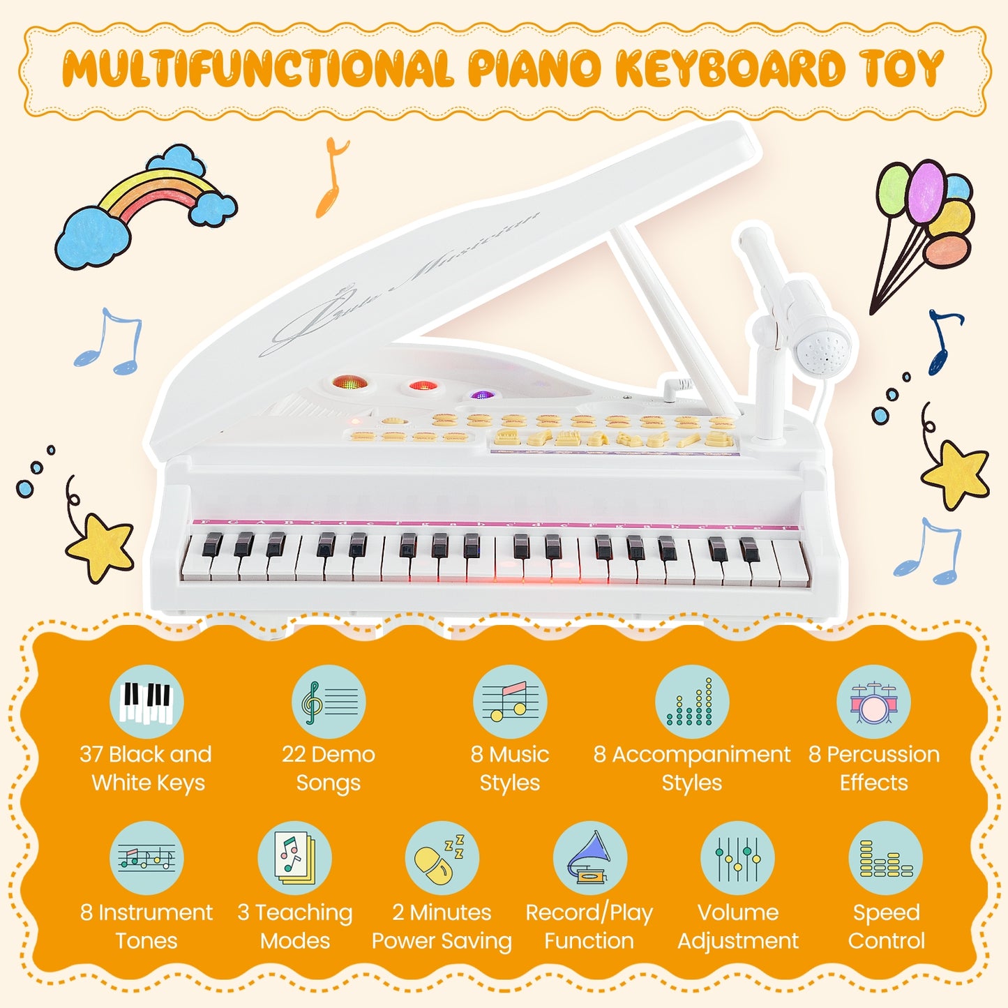 37 Keys Kids Piano Keyboard with Stool and Piano Lid-White Kids Crystal
