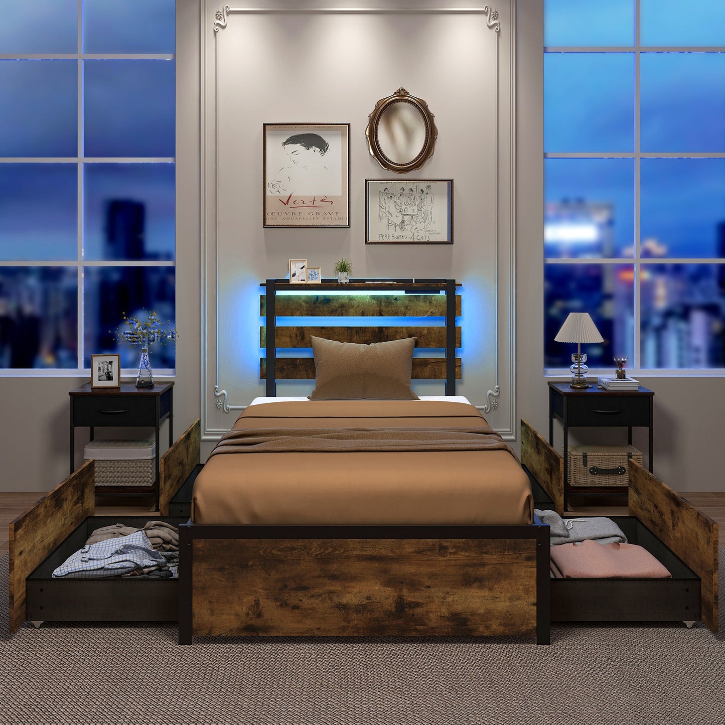 Full/Queen/Twin Size Bed Frame with Drawers LED Lights and USB Ports-Twin Size Kids Crystal