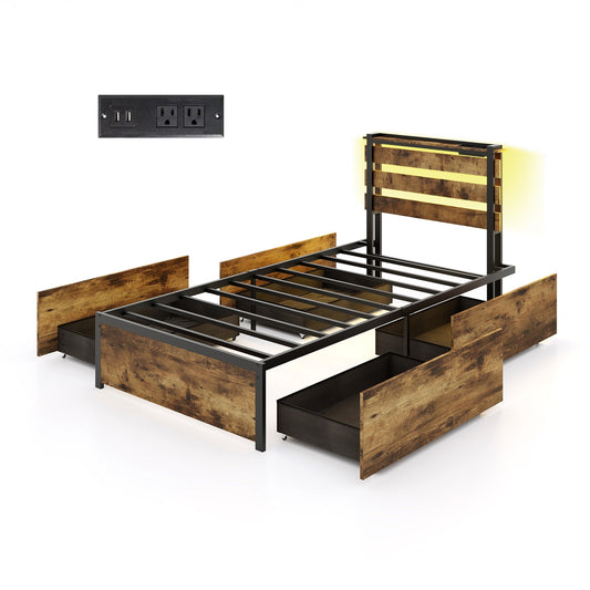 Full/Queen/Twin Size Bed Frame with Drawers LED Lights and USB Ports-Twin Size Kids Crystal
