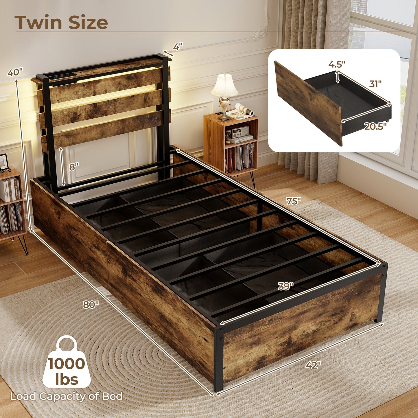 Full/Queen/Twin Size Bed Frame with Drawers LED Lights and USB Ports-Twin Size Kids Crystal