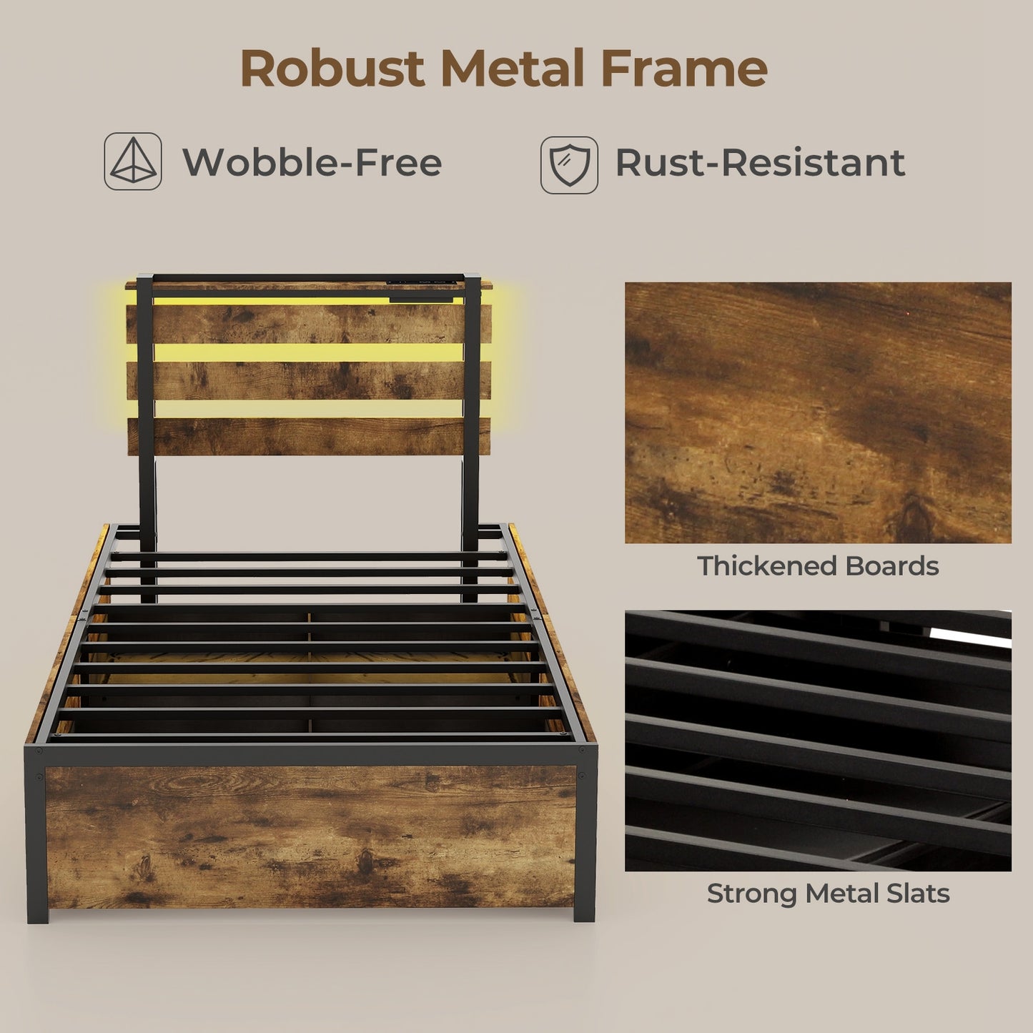 Full/Queen/Twin Size Bed Frame with Drawers LED Lights and USB Ports-Twin Size Kids Crystal