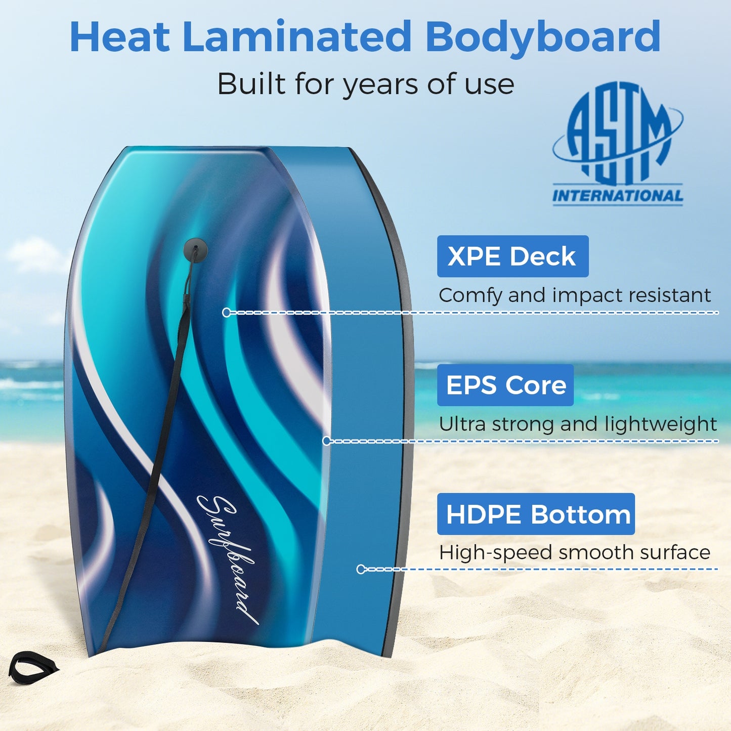 33/37/41 Inches Lightweight Body Board Boogie Board with EPS Core XPE Deck HDPE Bottom-S Kids Crystal