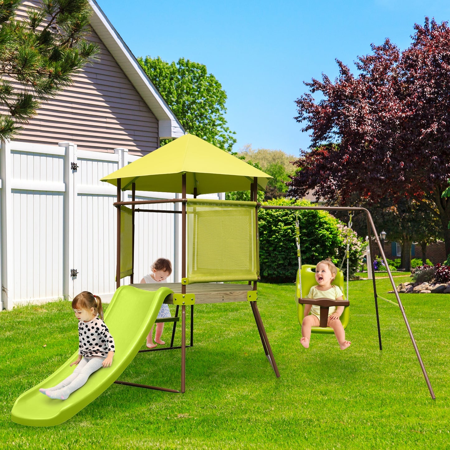 4-in-1 Swing Set with Covered Playhouse Fort and Height Adjustable Baby Seat-Green Kids Crystal
