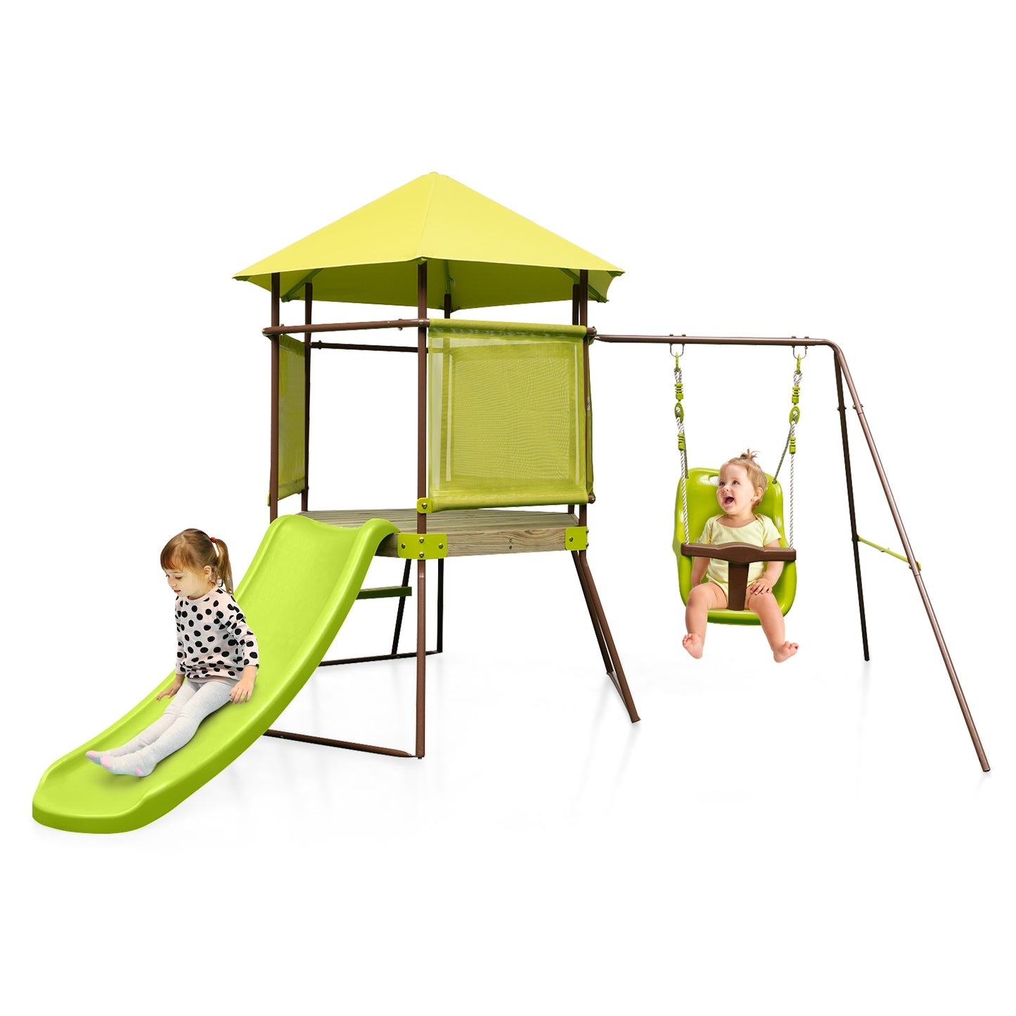 4-in-1 Swing Set with Covered Playhouse Fort and Height Adjustable Baby Seat-Green Kids Crystal
