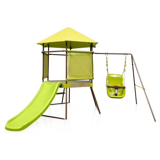 4-in-1 Swing Set with Covered Playhouse Fort and Height Adjustable Baby Seat-Green Kids Crystal