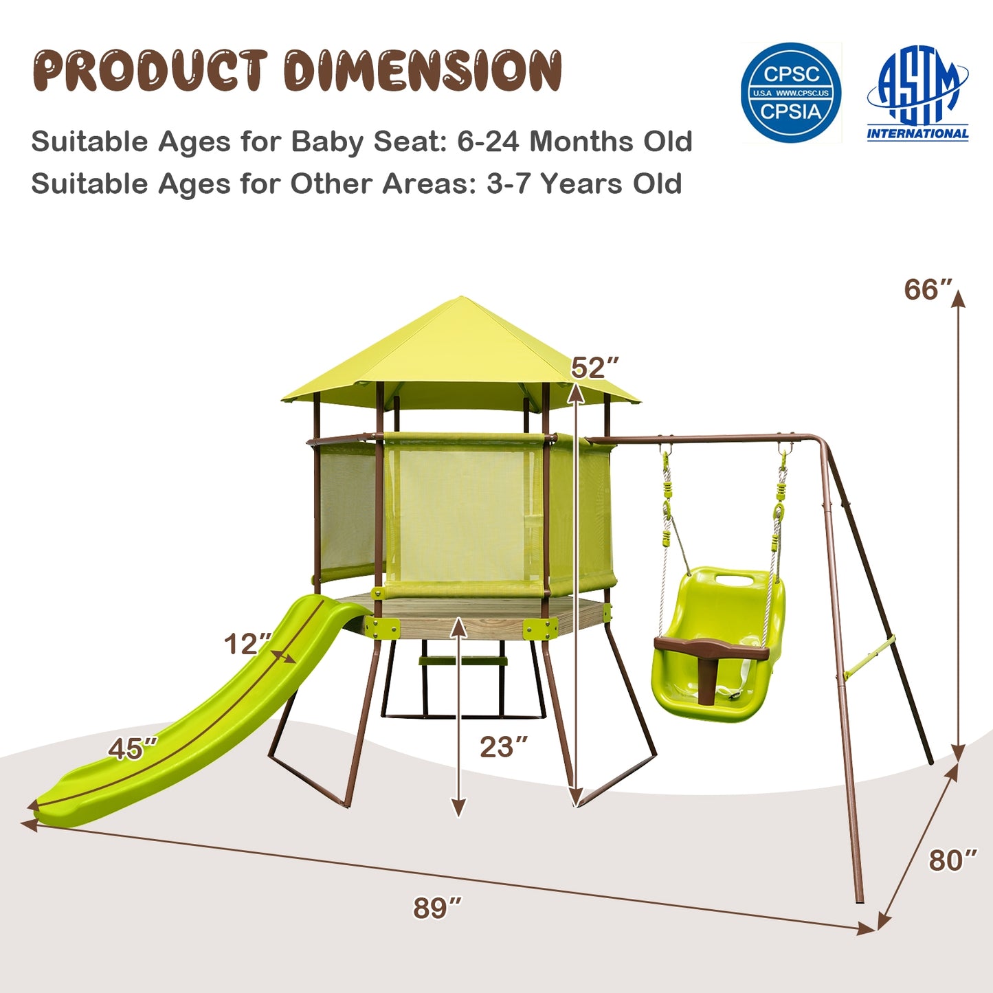 4-in-1 Swing Set with Covered Playhouse Fort and Height Adjustable Baby Seat-Green Kids Crystal