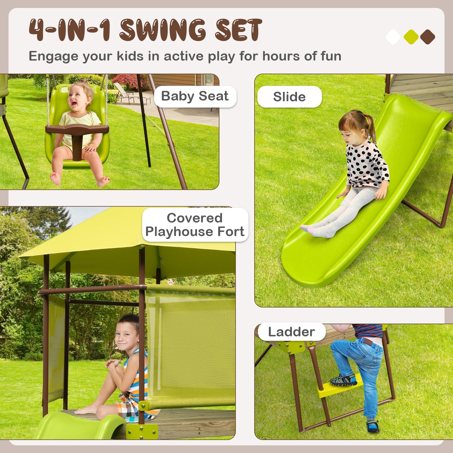 4-in-1 Swing Set with Covered Playhouse Fort and Height Adjustable Baby Seat-Green Kids Crystal