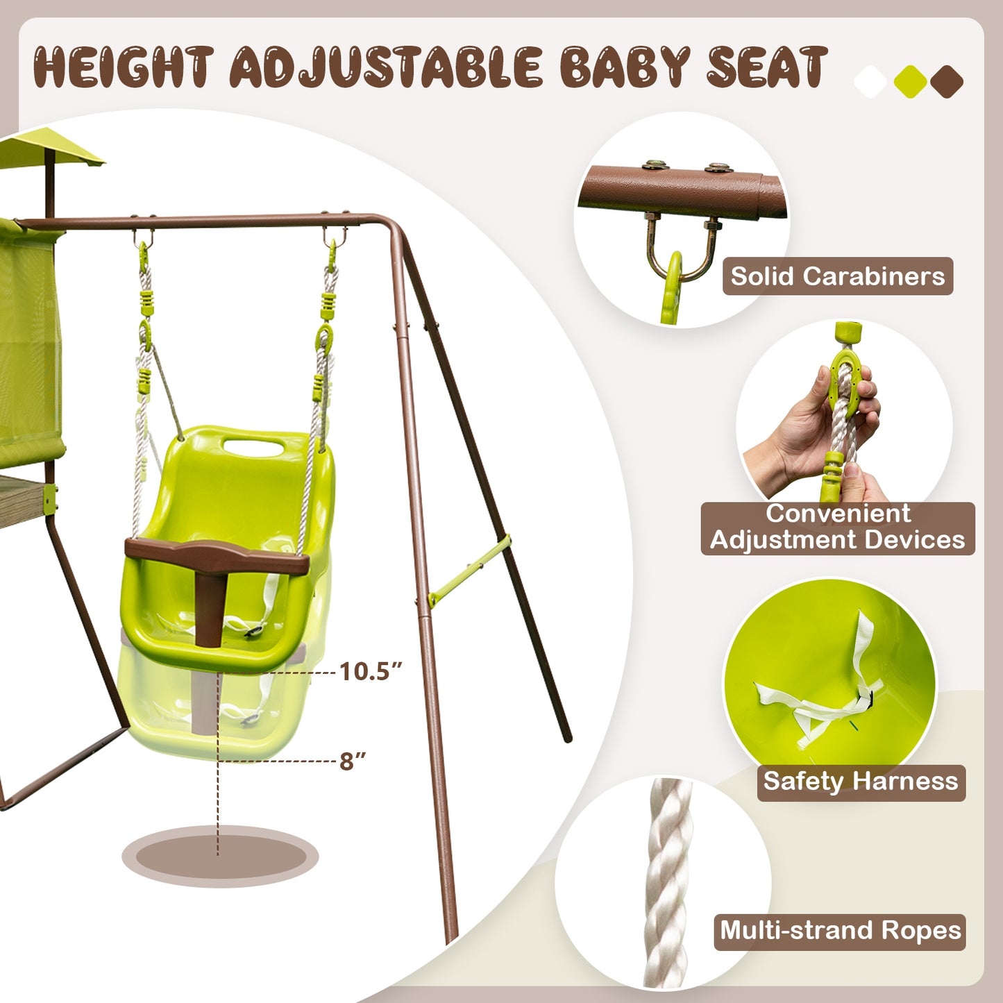 4-in-1 Swing Set with Covered Playhouse Fort and Height Adjustable Baby Seat-Green Kids Crystal
