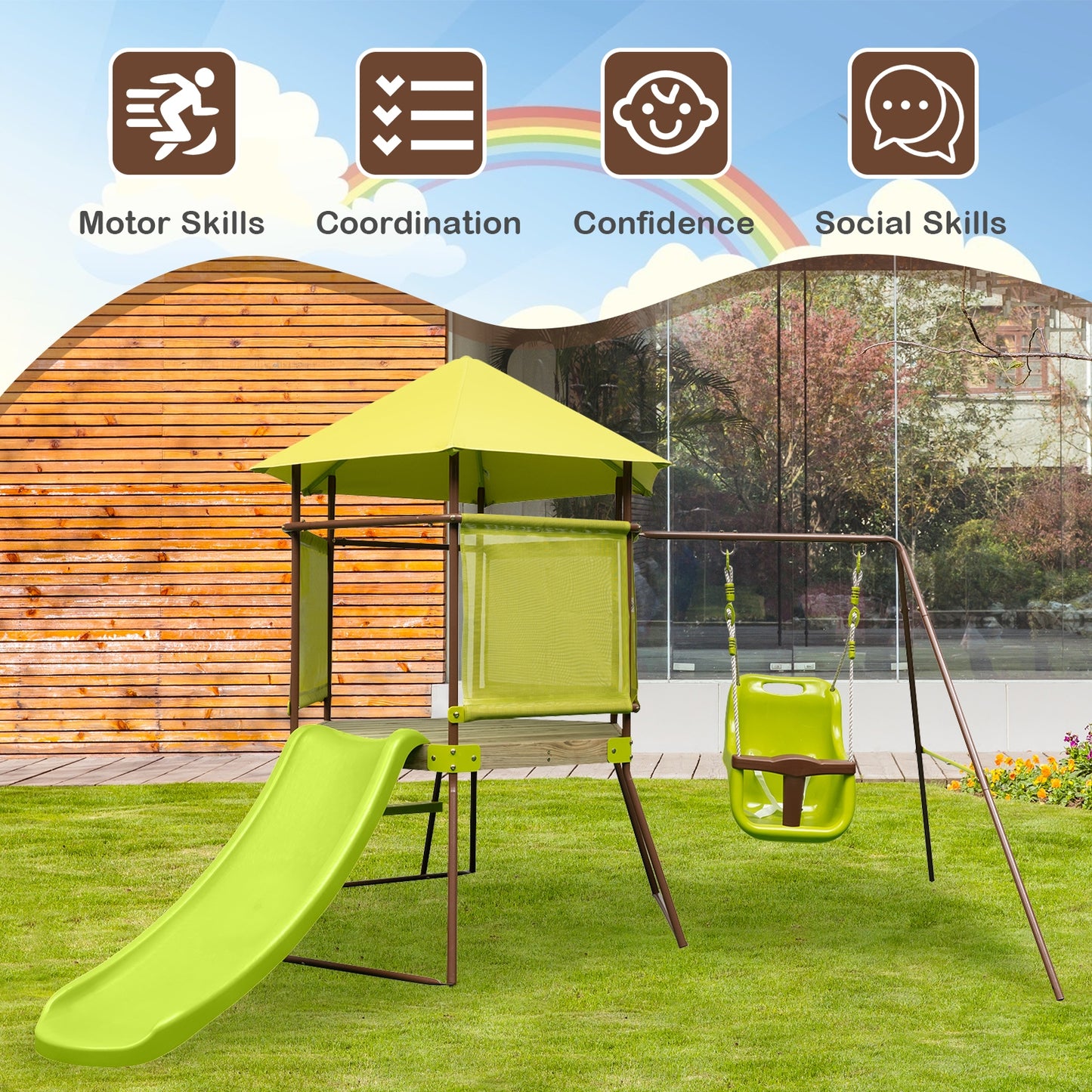 4-in-1 Swing Set with Covered Playhouse Fort and Height Adjustable Baby Seat-Green Kids Crystal