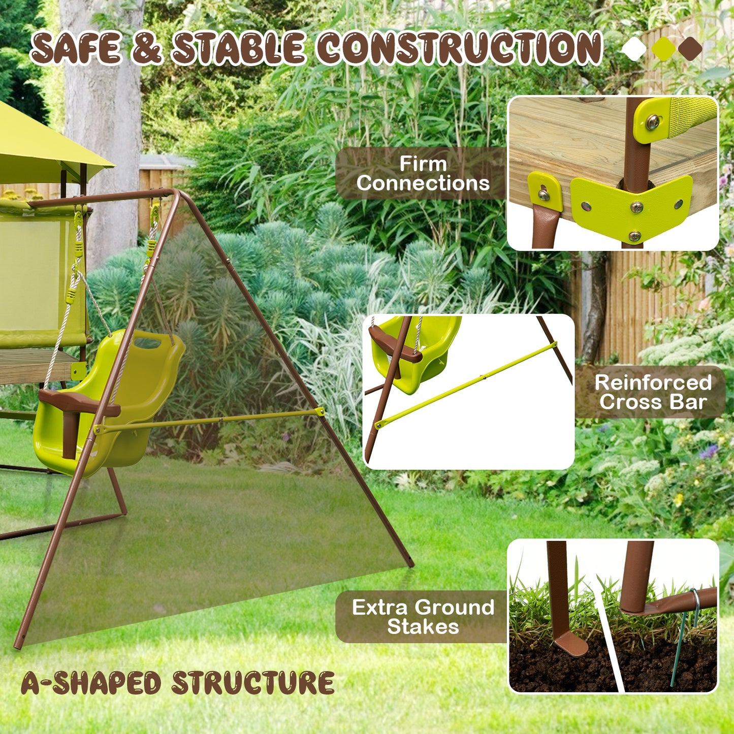 4-in-1 Swing Set with Covered Playhouse Fort and Height Adjustable Baby Seat-Green Kids Crystal