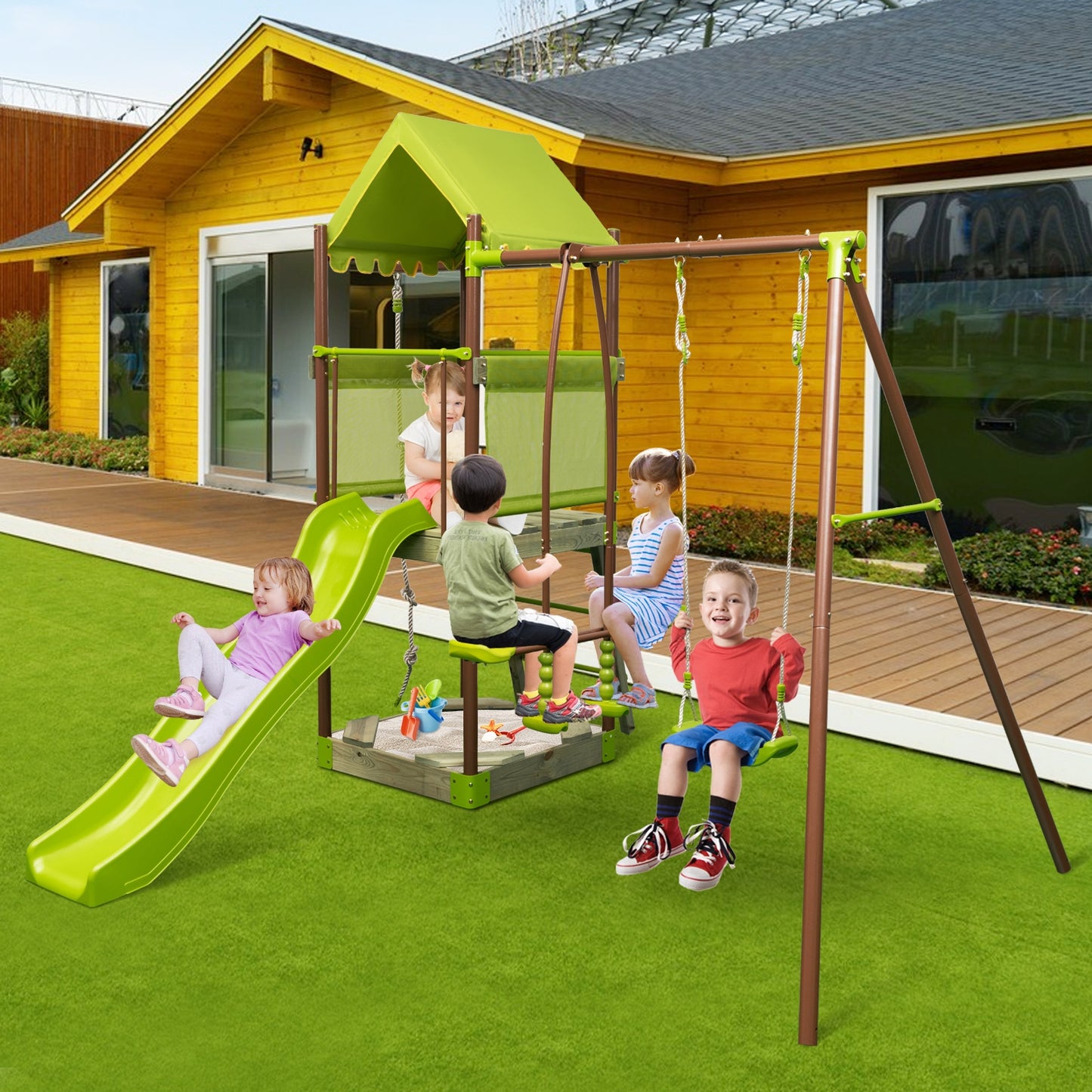7-in-1 Kids Outdoor Metal Playset with Wave Slide and Climbing Rope-Green Kids Crystal