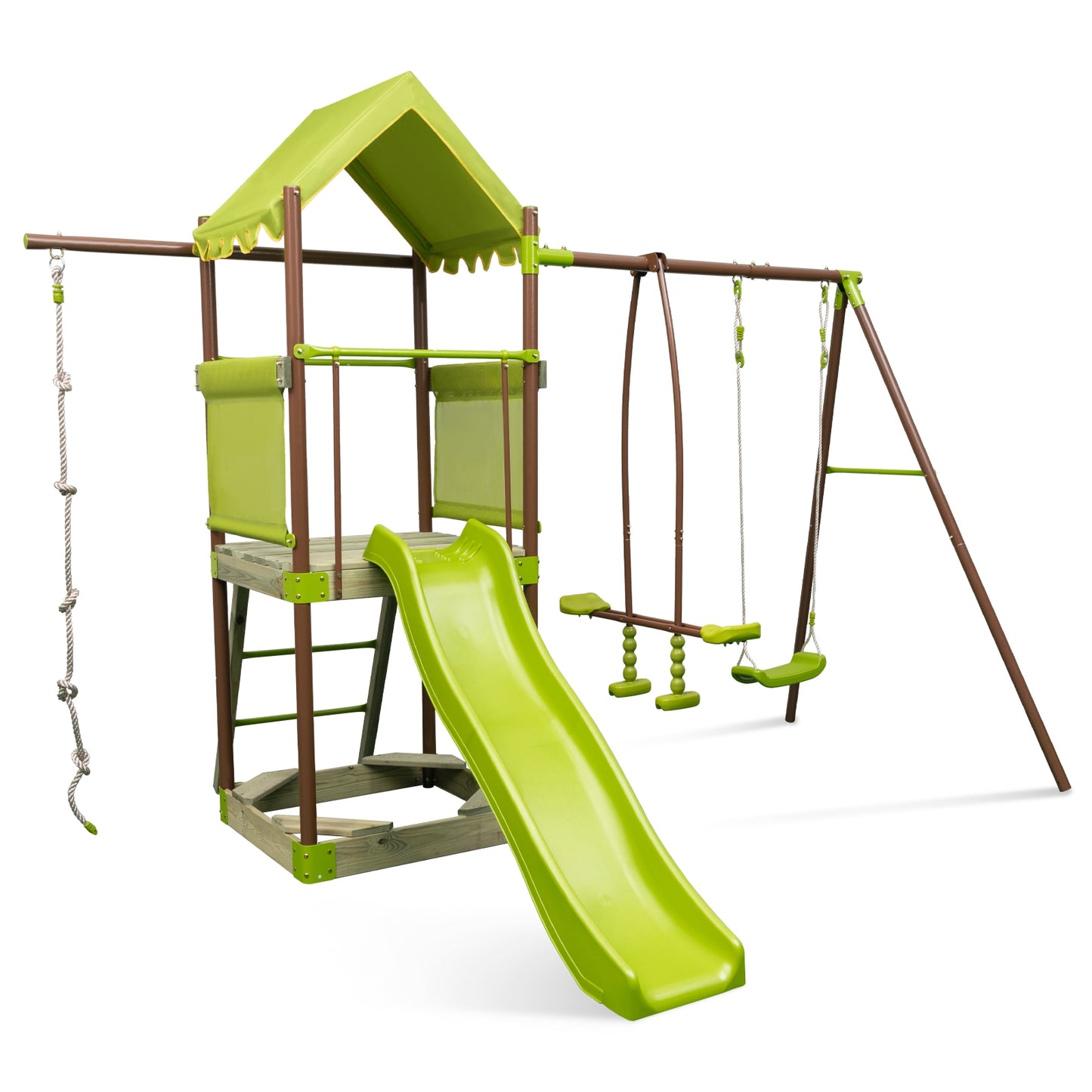7-in-1 Kids Outdoor Metal Playset with Wave Slide and Climbing Rope-Green Kids Crystal