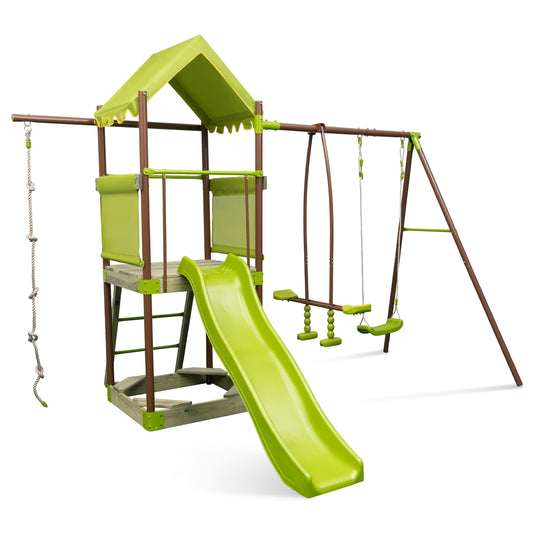 7-in-1 Kids Outdoor Metal Playset with Wave Slide and Climbing Rope-Green Kids Crystal