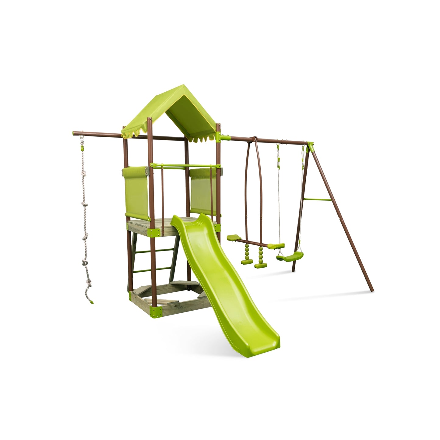 7-in-1 Kids Outdoor Metal Playset with Wave Slide and Climbing Rope-Green Kids Crystal