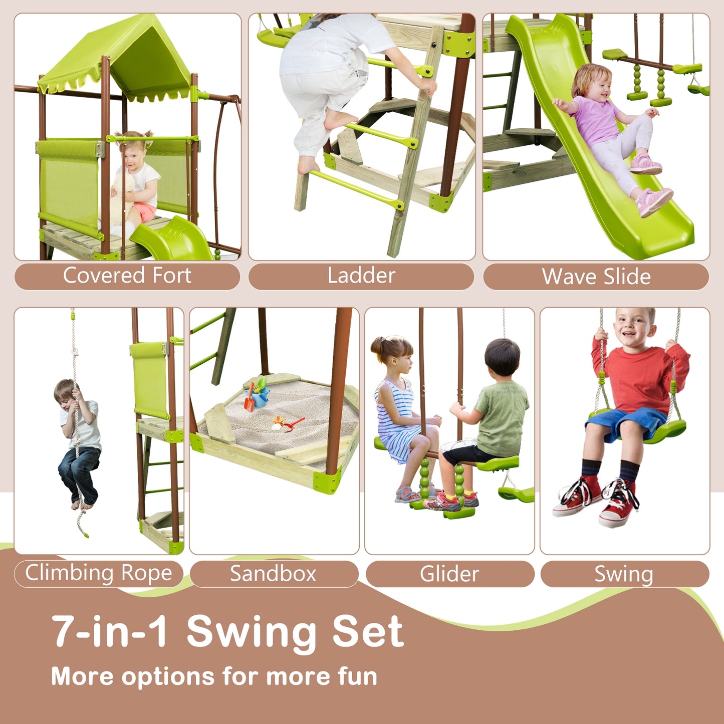 7-in-1 Kids Outdoor Metal Playset with Wave Slide and Climbing Rope-Green Kids Crystal