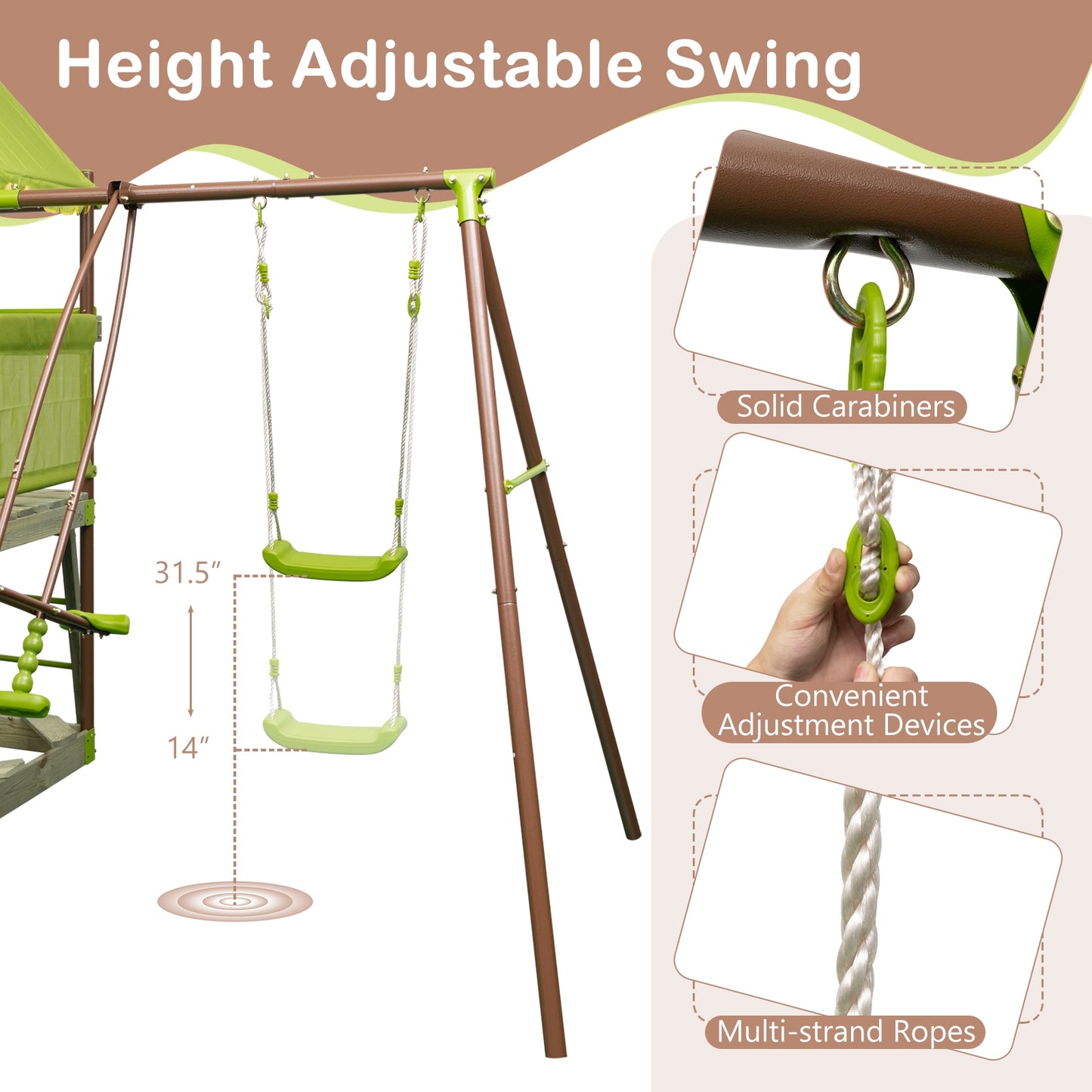 7-in-1 Kids Outdoor Metal Playset with Wave Slide and Climbing Rope-Green Kids Crystal