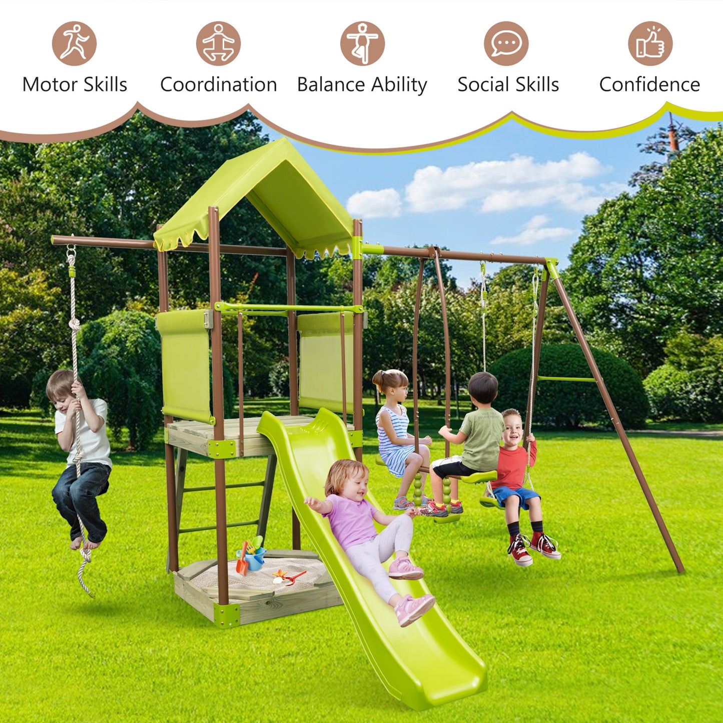 7-in-1 Kids Outdoor Metal Playset with Wave Slide and Climbing Rope-Green Kids Crystal