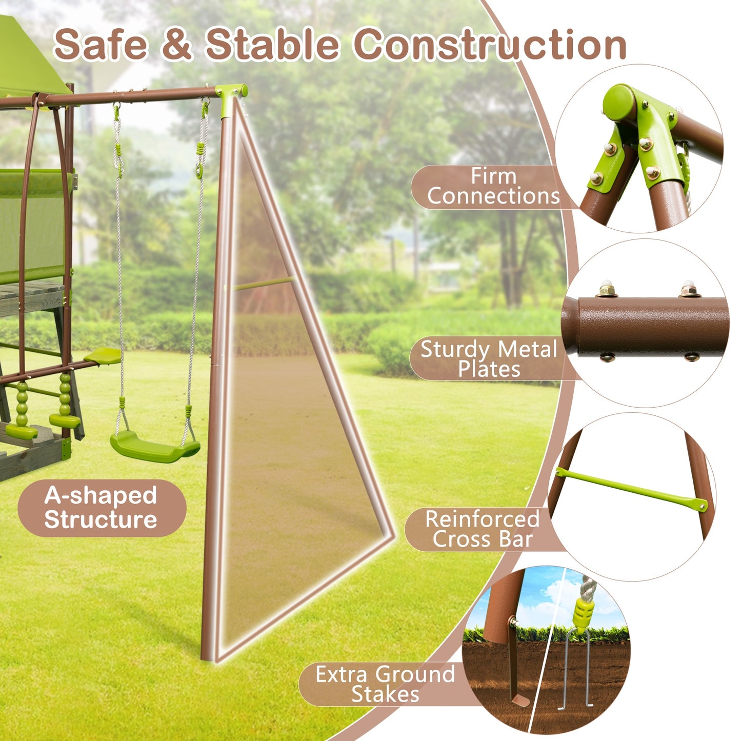 7-in-1 Kids Outdoor Metal Playset with Wave Slide and Climbing Rope-Green Kids Crystal