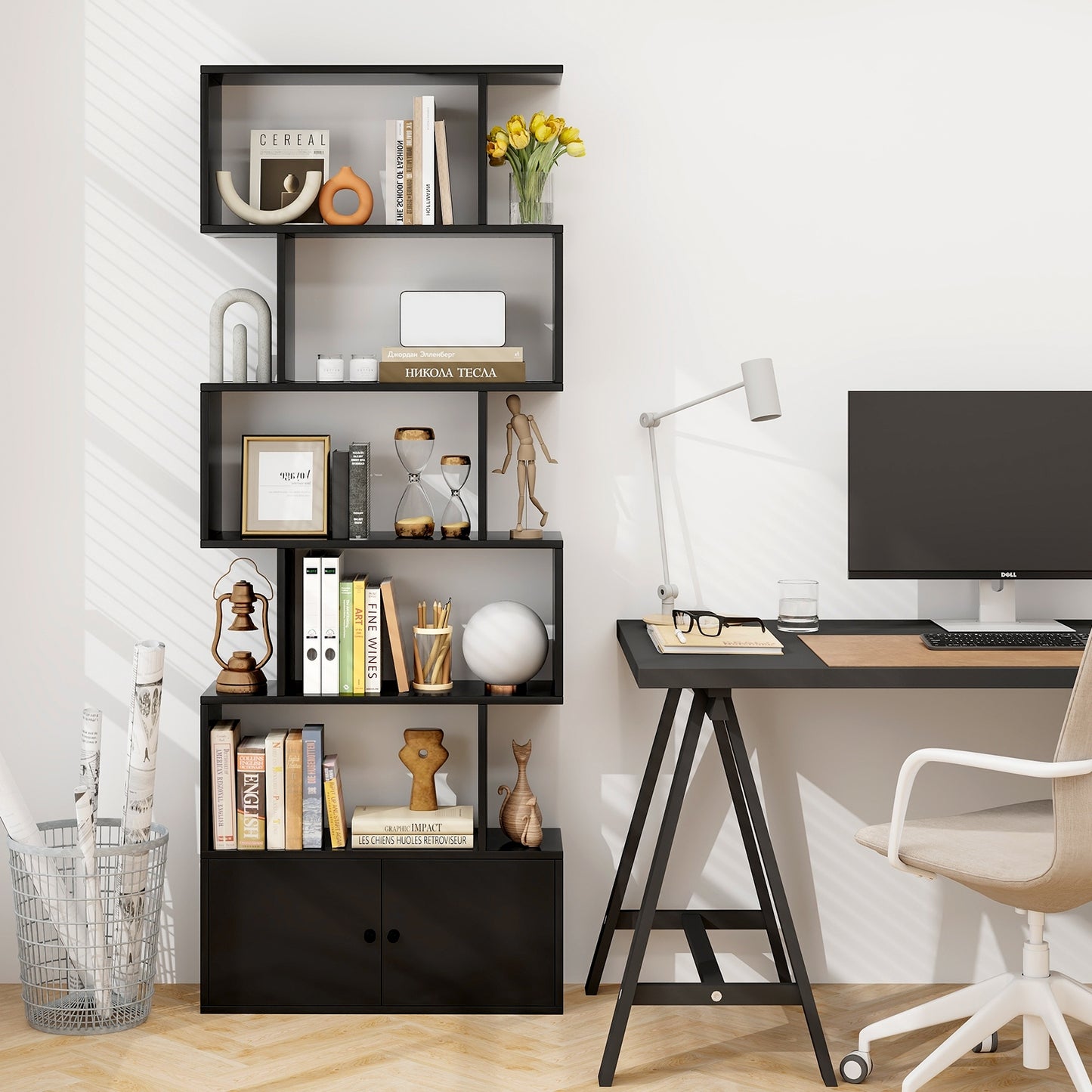 6-Tier S-Shaped Freestanding Bookshelf with Cabinet and Doors-Black Kids Crystal
