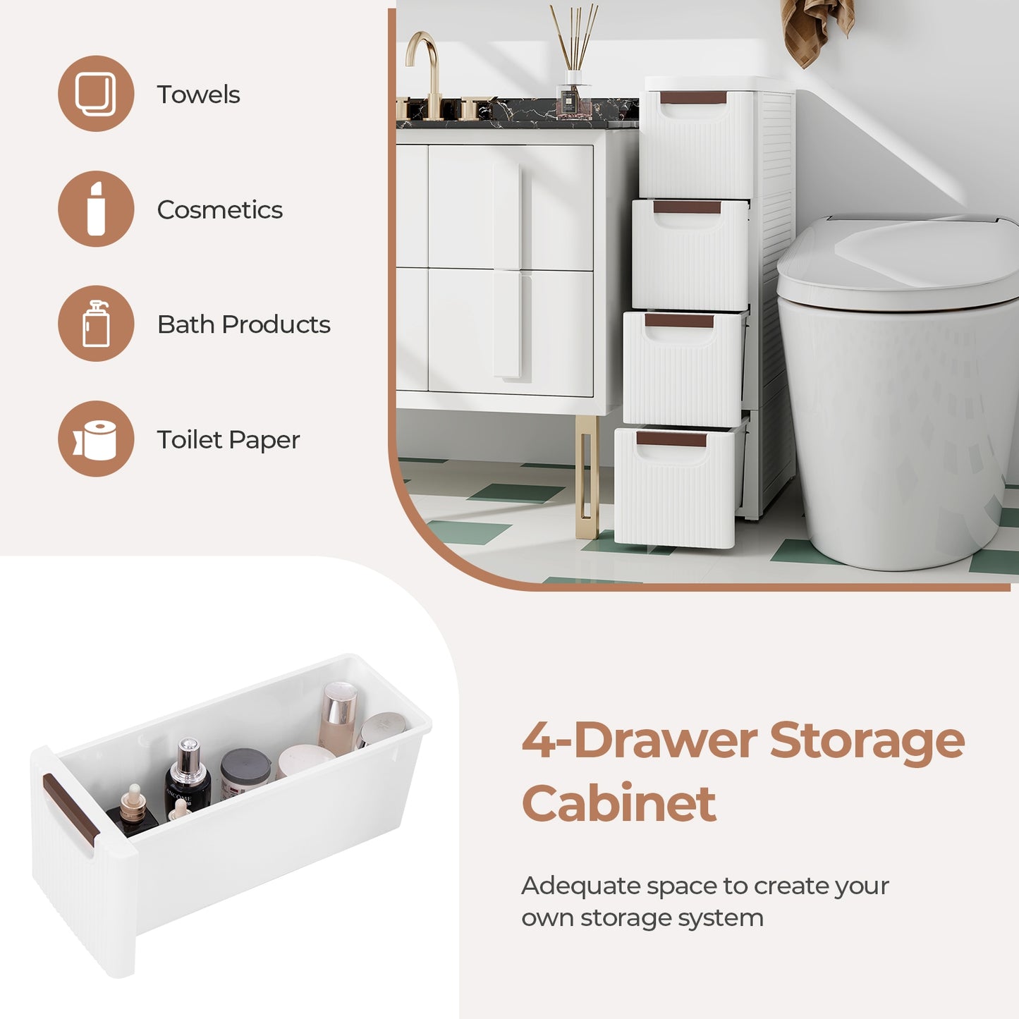 3/4/5/6-Drawer Rolling Organizer Unit Narrow Storage Cabinet with Built-In Wheels for Small Space-4-Drawer Kids Crystal