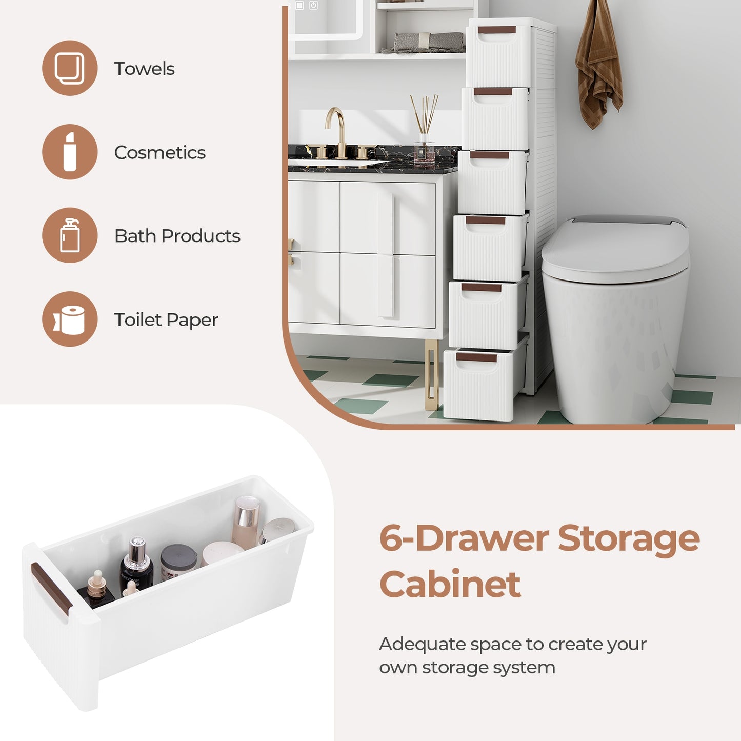 3/4/5/6-Drawer Rolling Organizer Unit Narrow Storage Cabinet with Built-In Wheels for Small Space-6-Drawer Kids Crystal