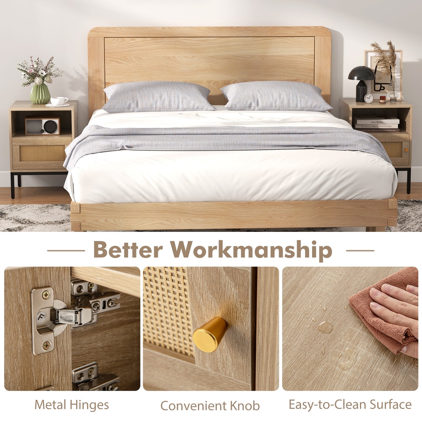 Home Boho Style Accent Table with Open Shelf and 1 Door Cabinet-Natural Kids Crystal